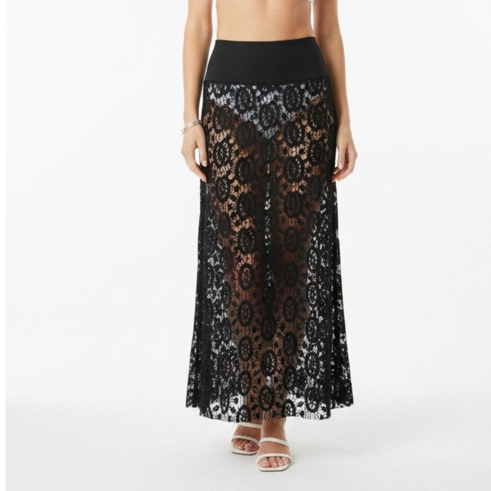 Black Sheer To Waist Maxi Long Lace Skirt M